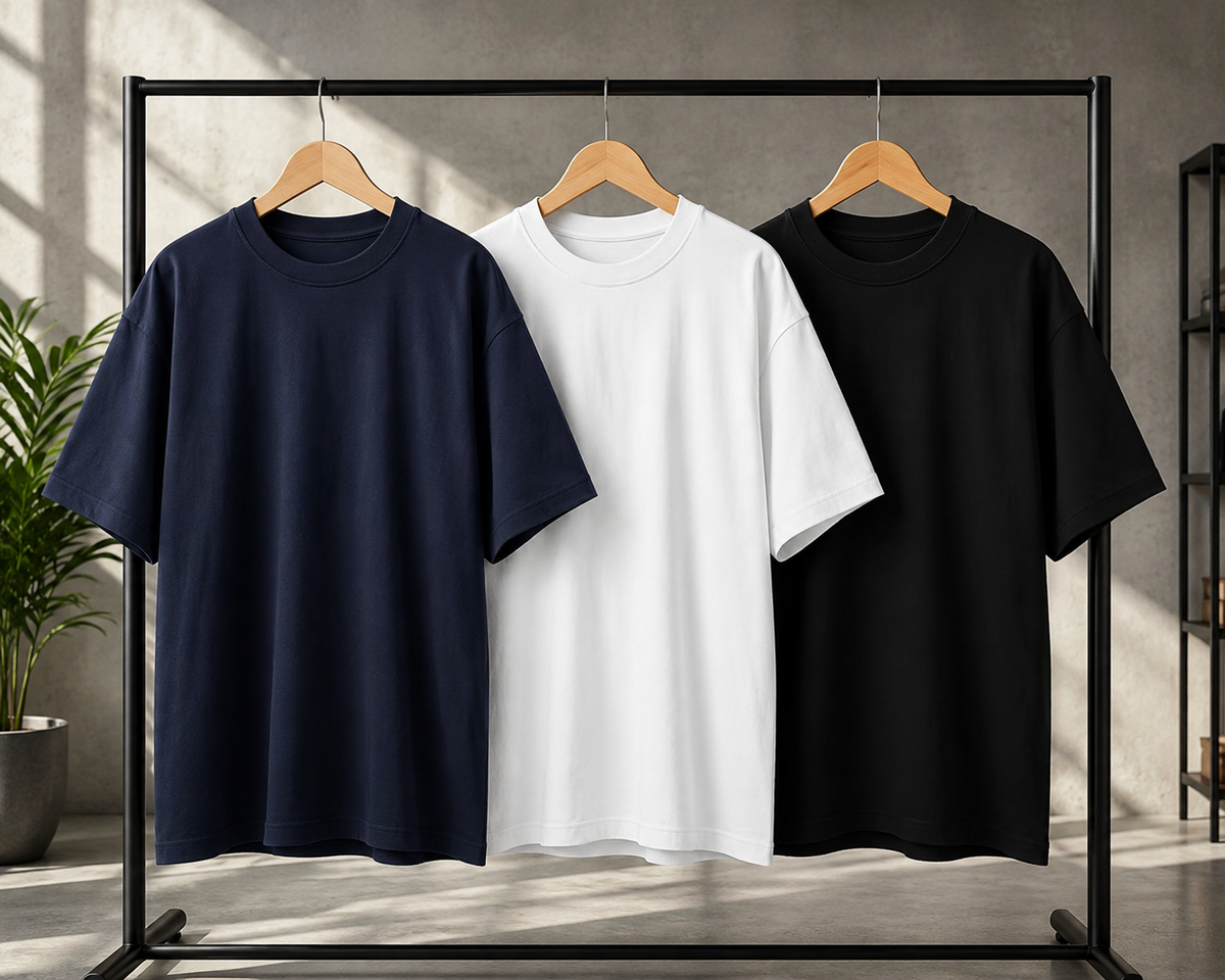 Buy 2 Get 1 Free – Premium Oversized T-Shirt Combo (Black, White & Navy Blue)